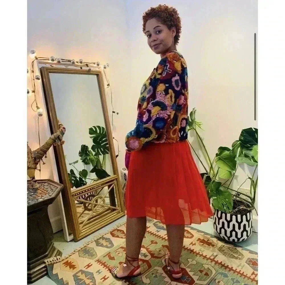 Vintage Cache Silk Ribbon Boxy Bolero Jacket 90s Bead Embellished Flower Rainbow - Picture 8 of 14